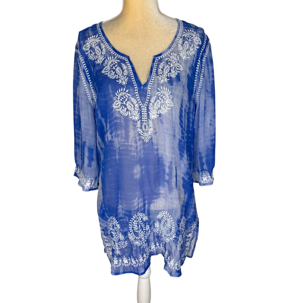 Spiaggia Dolce Blue‎ White Embroidered Sheer Split Neck Swim Coverup Top Large
